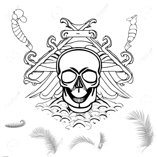 A minimalist tattoo of a skull and crossbones made up of beach elements like seashells and palm trees tattoo design idea
