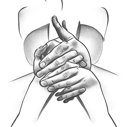 A black and grey illustration of hands clasped in prayer, with a subtle scent wafting from them tattoo design idea