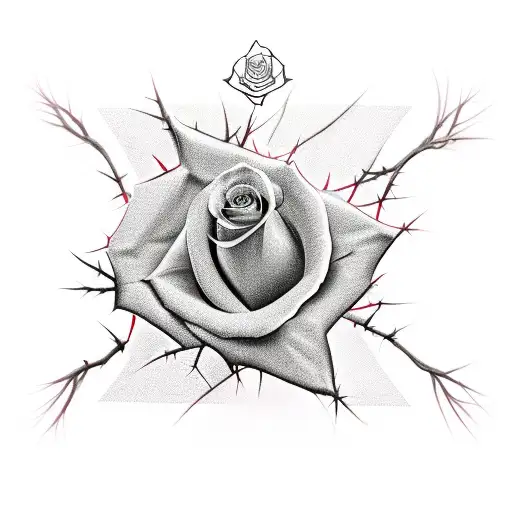 a crown of thorns that unveils a red rose in which 2 names are written as a memory  tattoo design idea