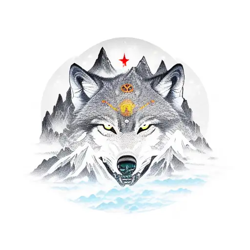 lonewolf with bushido code of conduct written on chest with mountains with rising sun in background tattoo design idea