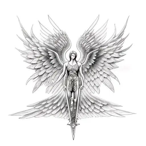 kneeling archangel with spread wings and sword tattoo design idea