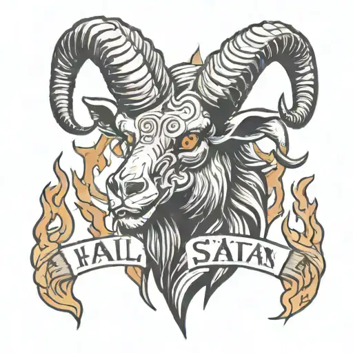 a demonic goat's head with flames of fire coming out of its eyes and the phrase hail Satan tattoo design idea