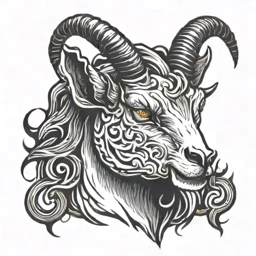 a demonic goat's head with flames of fire coming out of its eyes and the phrase hail Satan tattoo design idea