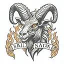 a demonic goat's head with flames of fire coming out of its eyes and the phrase hail Satan tattoo design idea