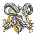 a demonic goat's head with flames of fire coming out of its eyes and the phrase hail Satan tattoo design idea