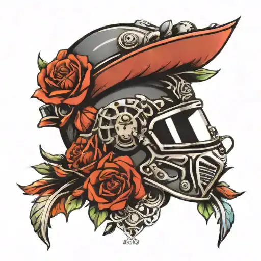 Racing Helmet with car parts integrated with roses tattoo design idea