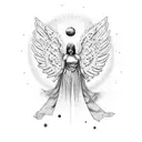 angel with planets and broken lightbulb tattoo design idea