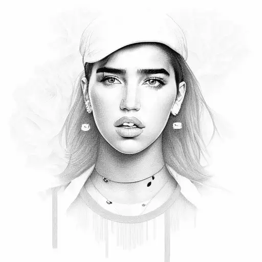 A portrait of Dua Lipa with lyrics from her songs as a background tattoo design idea