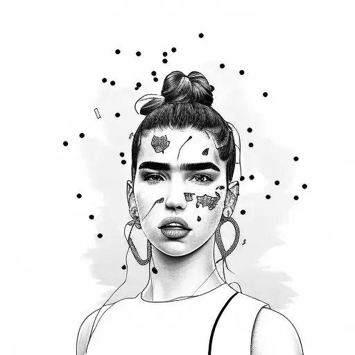A portrait of Dua Lipa with lyrics from her songs as a background tattoo design idea