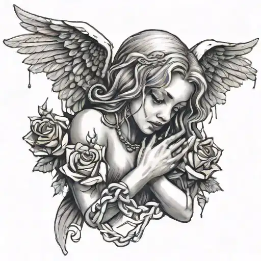 a crying angel holding a rose entwined in a chain tattoo design idea