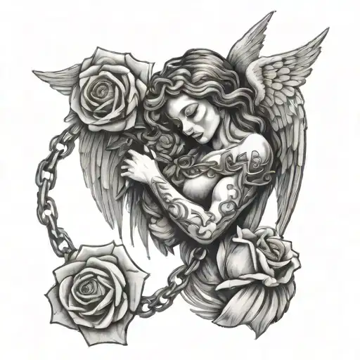 a crying angel holding a rose entwined in a chain tattoo design idea