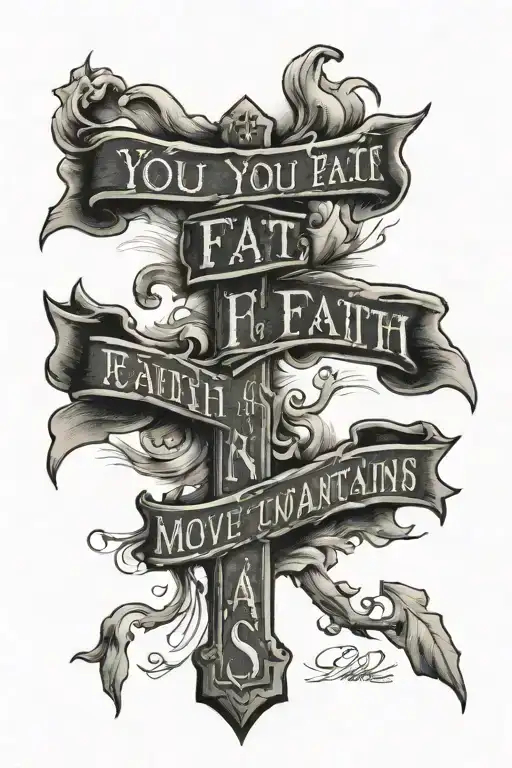 cross that reads "If you have but the faith of a mustard seed, you shall move mountains" tattoo design idea