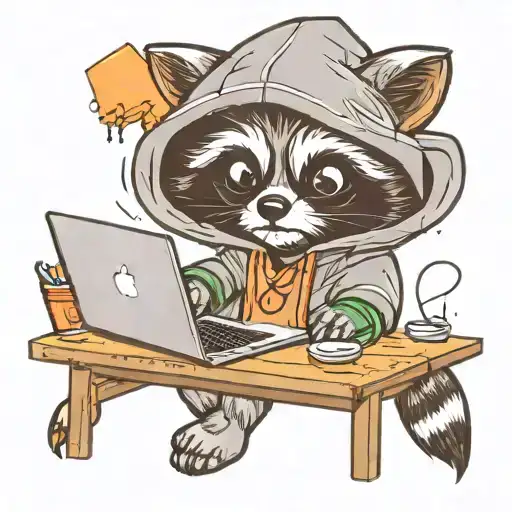 Cute Raccoon with a hoodie on and a laptop hacking tattoo design idea