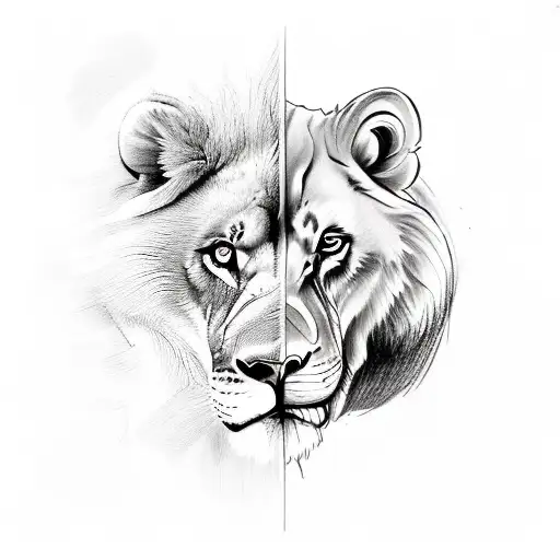 A sketch-style tattoo of a lion and a wolf standing side by side, representing the client's favorite animals and their connection to both strength and loyalty. tattoo design idea