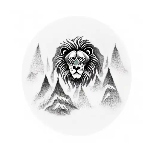 A fierce lion standing on top of a mountain peak, symbolizing strength and resilience. tattoo design idea