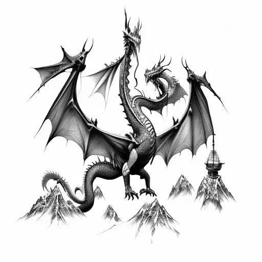 mountains, dragons, fantasy, upper back  tattoo design idea