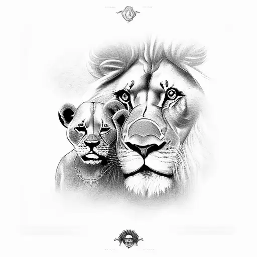A music-themed family portrait with lions, bulls, and rams tattoo design idea
