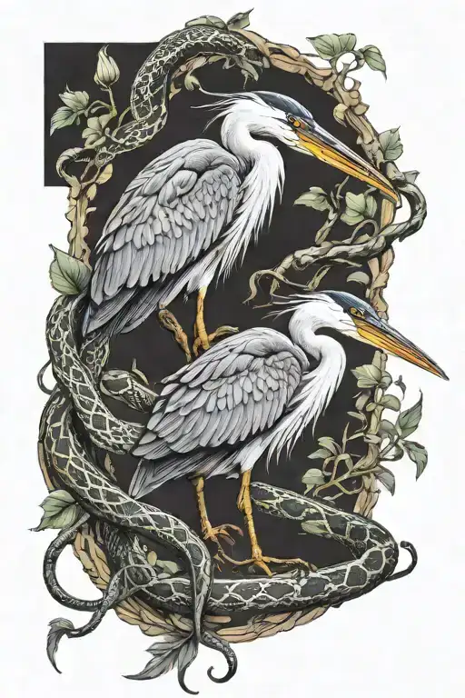 heron eating snake wrapped tattoo design idea