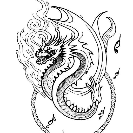 Design a realistic tattoo depicting a dragon swimming gracefully underwater with musical notes floating around it. tattoo design idea