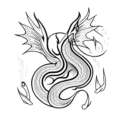 Design a realistic tattoo depicting a dragon swimming gracefully underwater with musical notes floating around it. tattoo design idea