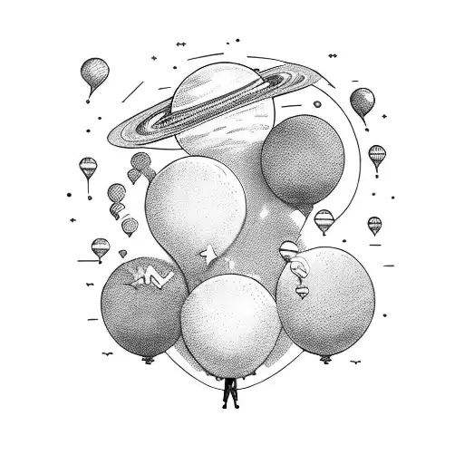 mysterious man in a suit with face blanked holding balloons in the shape of planets tattoo design idea