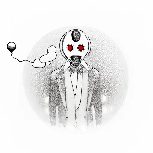 mysterious man in a suit with face blanked holding balloons in the shape of planets tattoo design idea