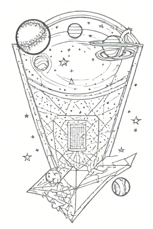 A baseball diamond floating in space, with planets as bases and a shooting star as the ball tattoo design idea
