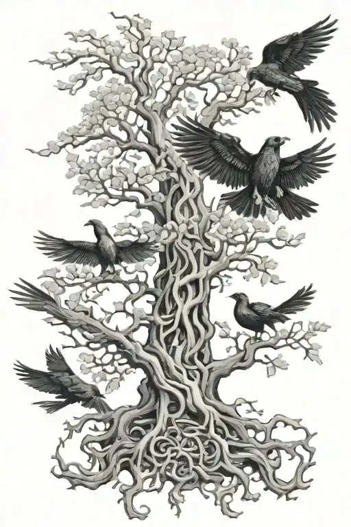vegvesier and Yggdrasil and 2 crows flying odin wrote in ruhns "Der tapfere Mann lebt ewig in Walhalla" tattoo design idea
