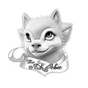 The name "Debbie" written in cursive, with a ribbon flowing underneath with the words "from accounting" written on it tattoo design idea