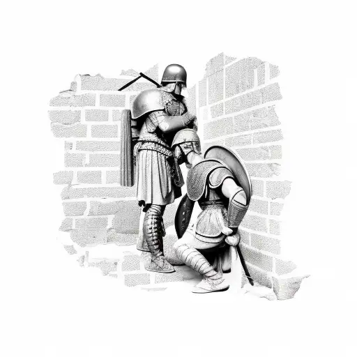 Roman soldier on his knees, as if dejected, looking at a half-destroyed wall with Roman proverbs inscribed on it tattoo design idea