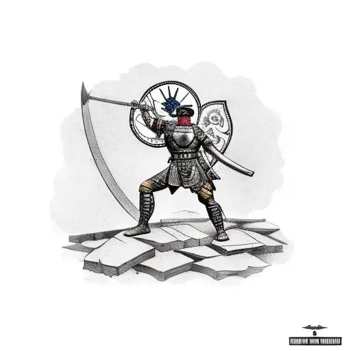 Roman soldier on his knees, as if dejected, looking at a half-destroyed wall with Roman proverbs inscribed on it tattoo design idea