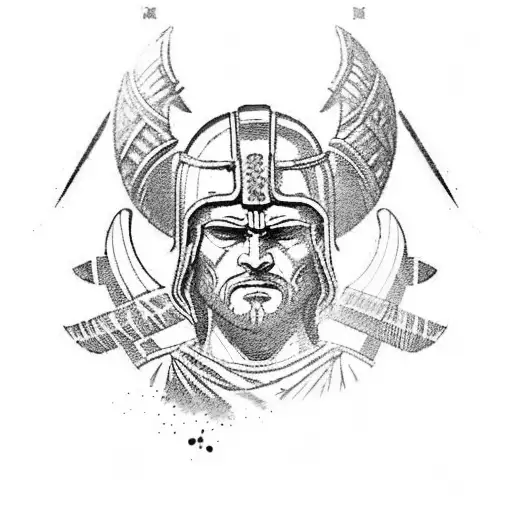 a warrior with a Spartan helmet as the main figure, and the Roman symbol “SPQR” in the background. tattoo design idea