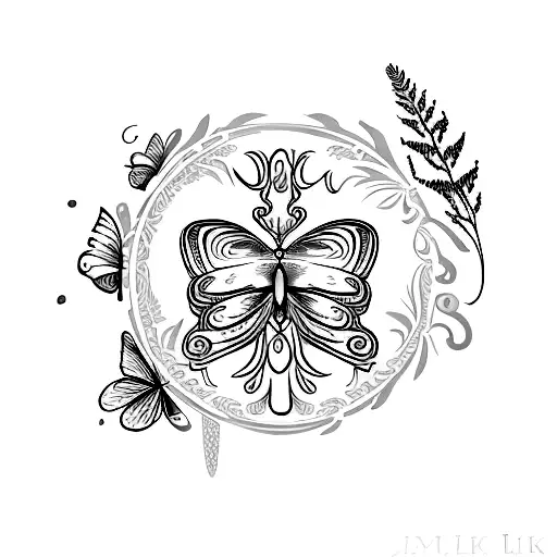 Roman numeral 5 surrounded by a half laurel of purple flowers and a butterfly perched on the laurel  tattoo design idea