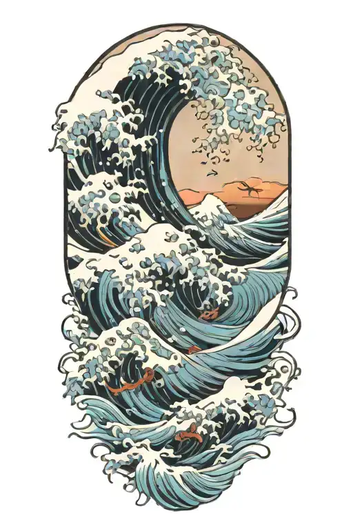The Great Wave off Kanagawa ice blue water breathing demon slayer style tattoo design idea