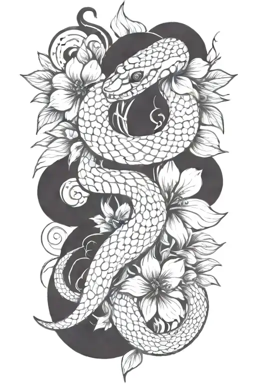 snake with flower large black leaves and a dagger tattoo design idea
