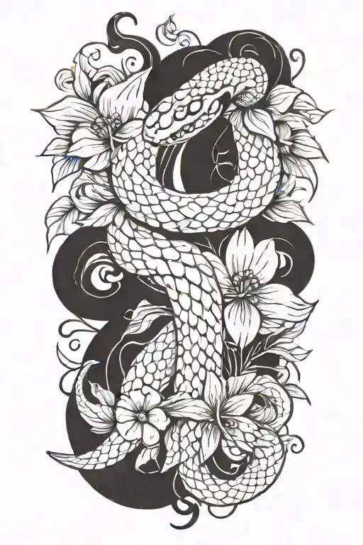 snake with flower large black leaves and a dagger tattoo design idea