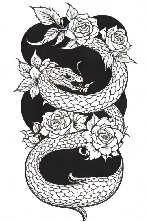 snake with flower large black leaves and a dagger tattoo design idea