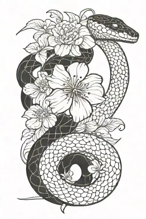snake with flower large black leaves tattoo design idea
