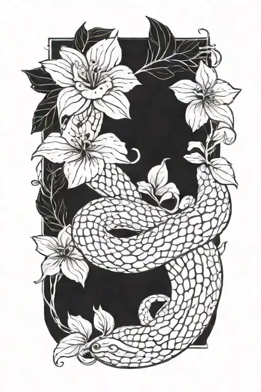snake with flower large black leaves tattoo design idea