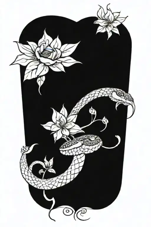 snake with flower large black leaves and a dagger tattoo design idea