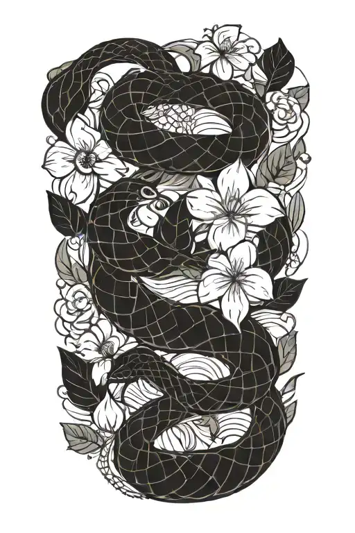 snake with flower large black leaves tattoo design idea