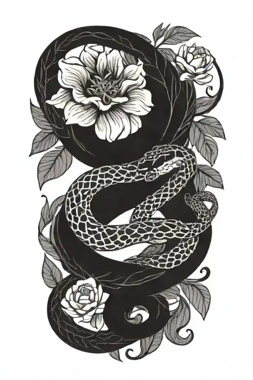 snake with flower large black leaves tattoo design idea