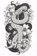 snake with flower large black leaves and a dagger tattoo design idea