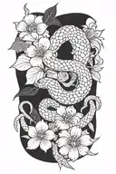 snake with flower large black leaves and a dagger tattoo design idea