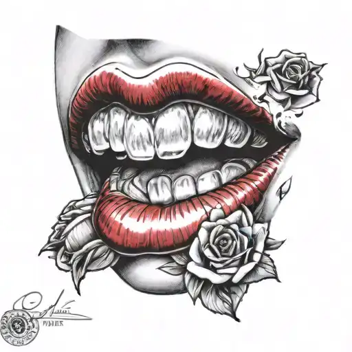 lipstick mark from a kiss biting a rose tattoo design idea