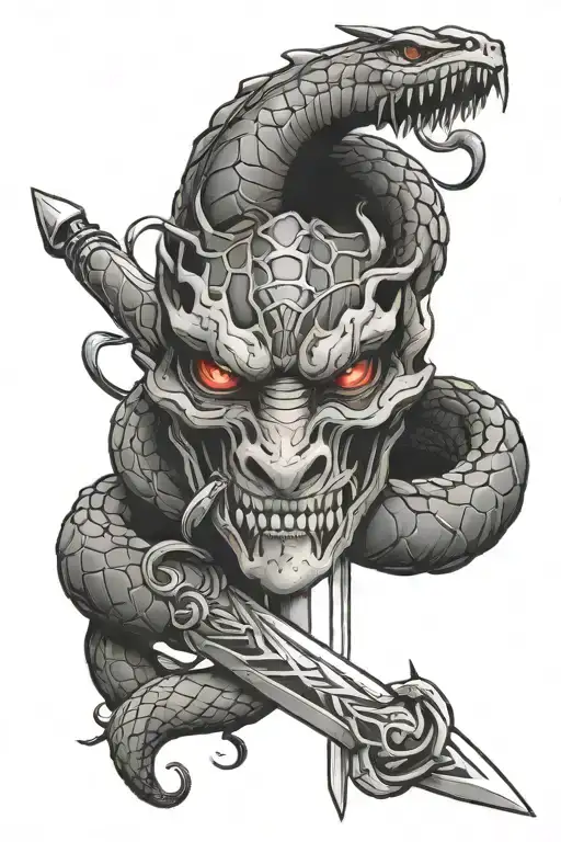 snake head with cross sword piercing tattoo design idea