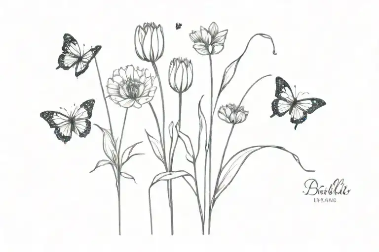 dandelions,tulips and butterfly  tattoo design idea