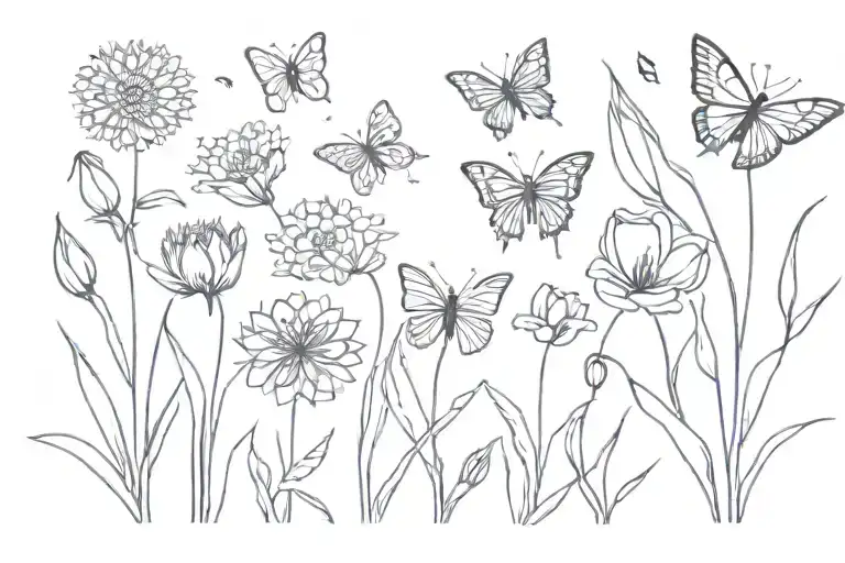 dandelions,tulips and butterfly surrounded tattoo design idea