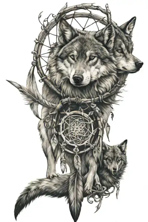 she-wolf with a dream catcher entangled with lots tattoo design idea