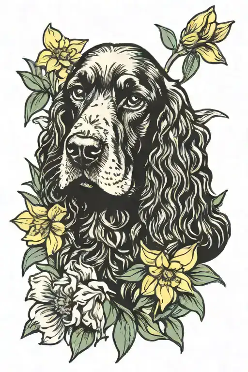 English cocker spaniel with daffodils tattoo design idea